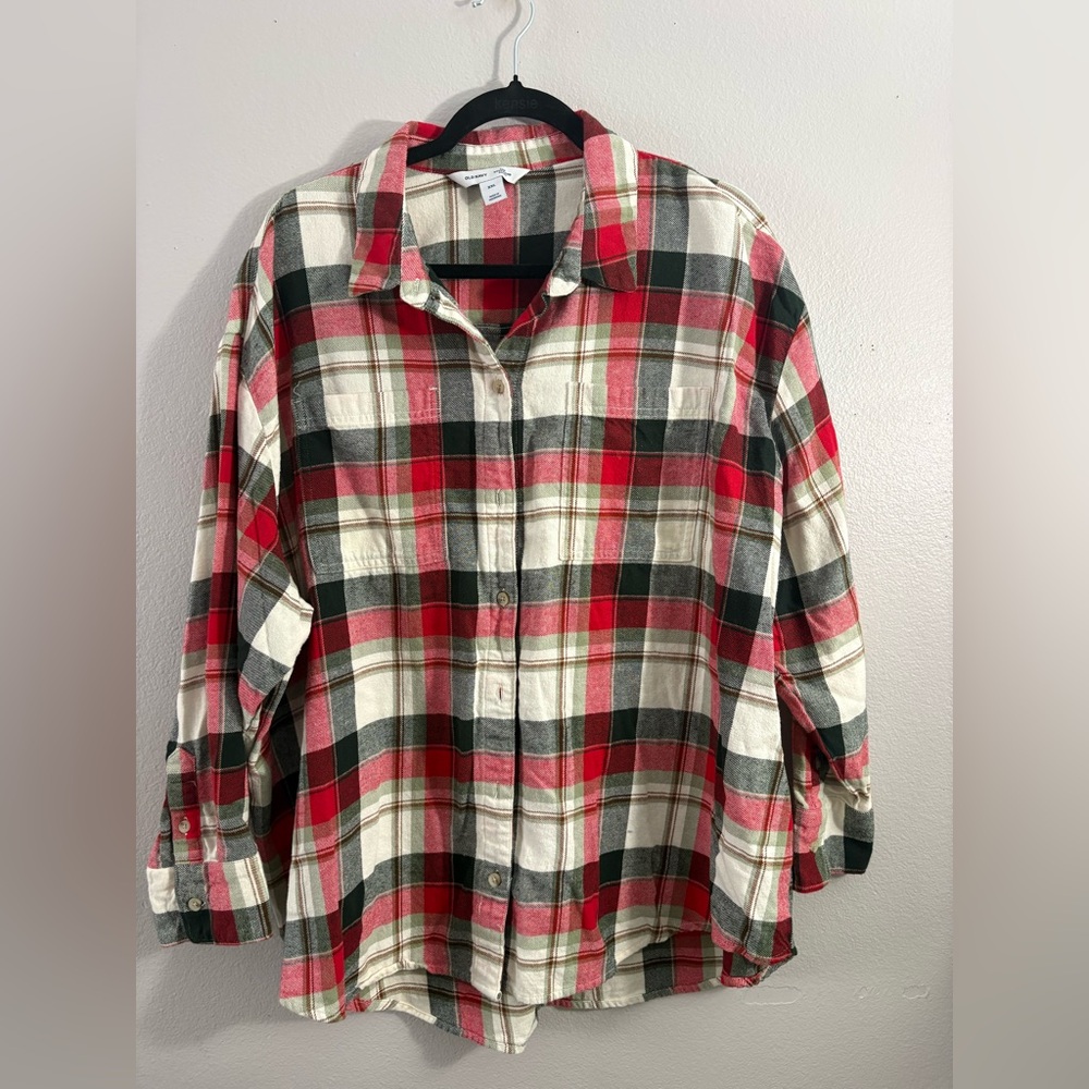 Old Navy Red, Cream and Green Plaid Button-Up Shirt